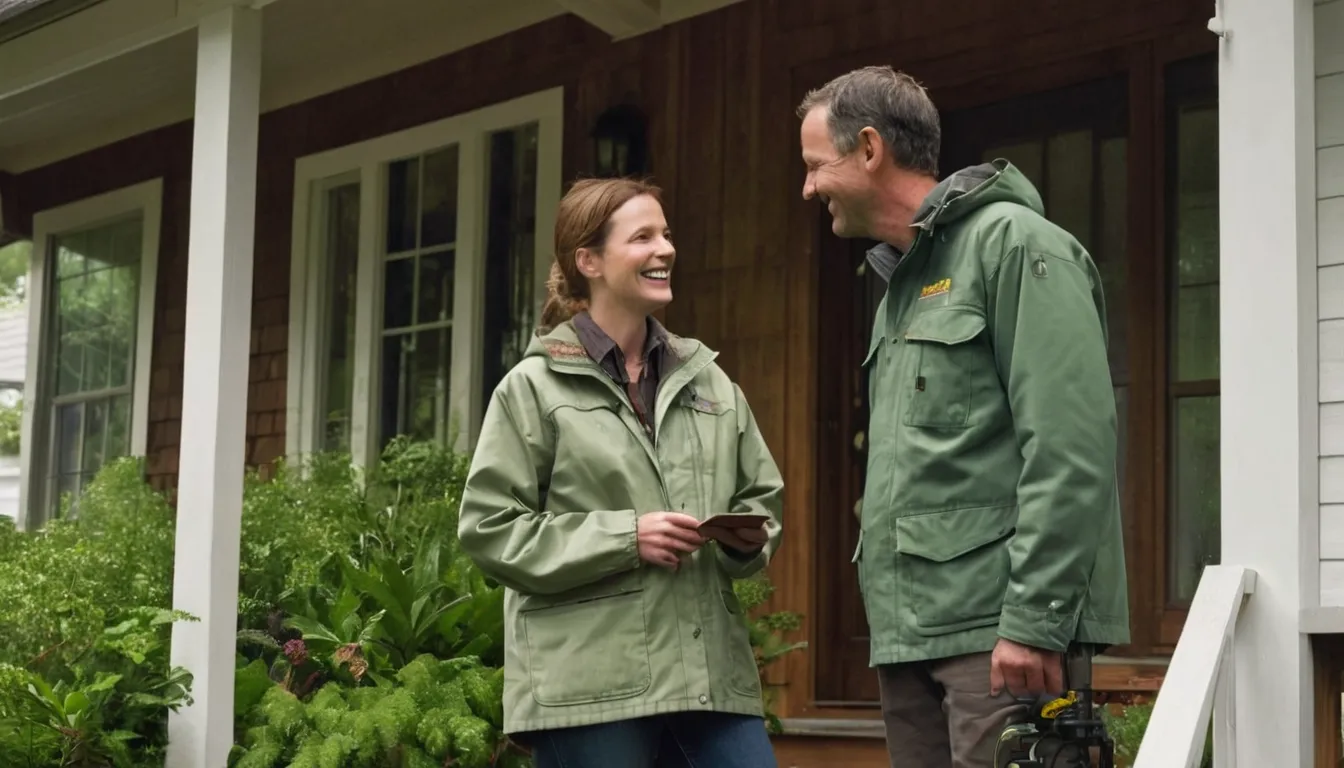 A homeowner in Bainbridge Island talking with a pest control provider at the front door of a wood-frame house