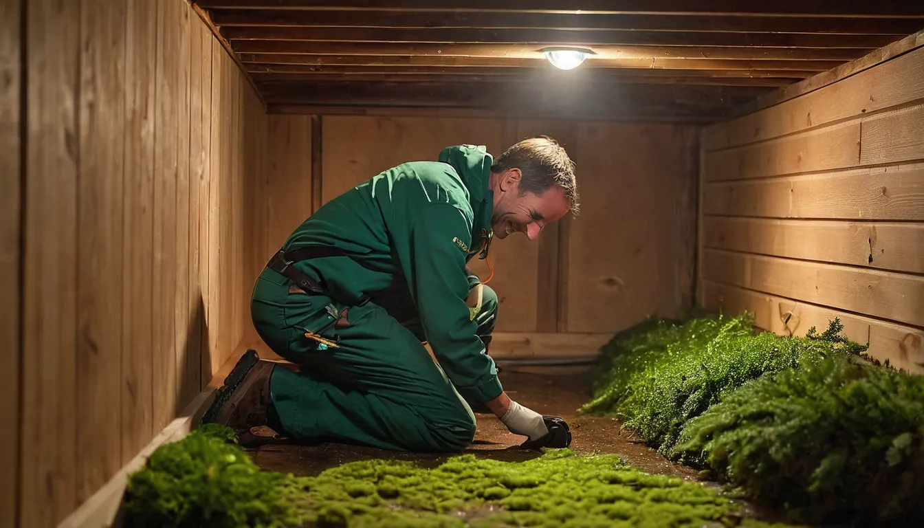 Friendly termite inspector checking a crawl space beam with a flashlight in a Bainbridge Island home